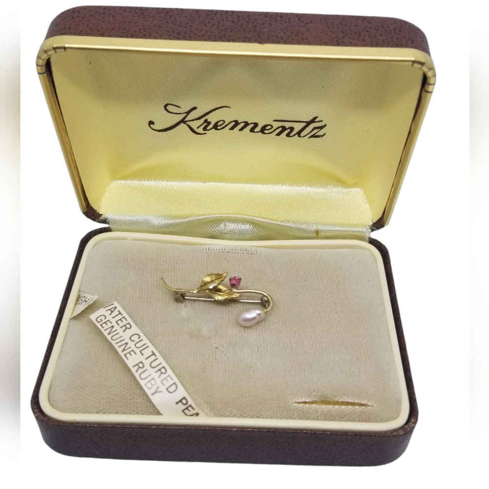 Krementz Gold and Pink Brooch with Pearl and Ruby